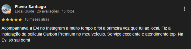 Depoimento 5 estrelas de cliente satisfeito no Google